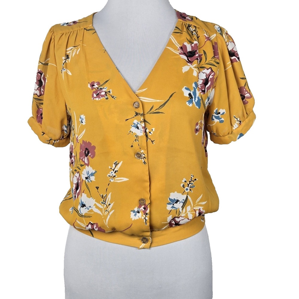 Sienna Sky - Yellow Floral Chiffon Button Front Crop Top SHELL Size Small S